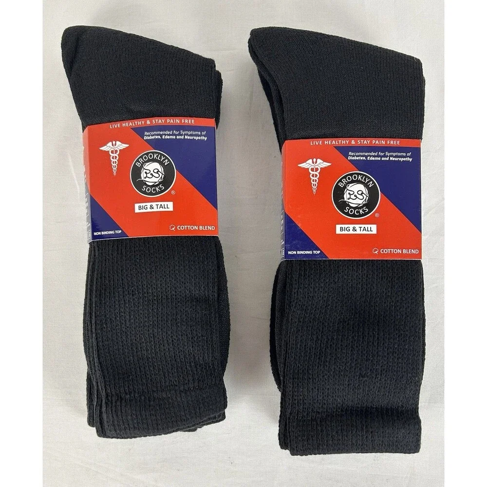 Brooklyn Socks Mens Big & Tall Diabetic Cotton Crew Neuropathy Black Lot/6 Pairs